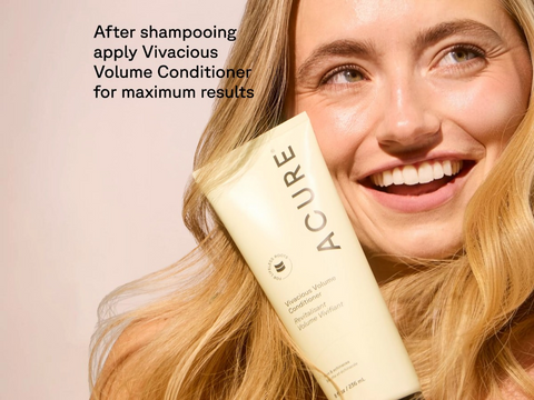 Woman with blonde hair holding a bottle of 'ACURE' conditioner with text about using Vivacious Volume Conditioner.