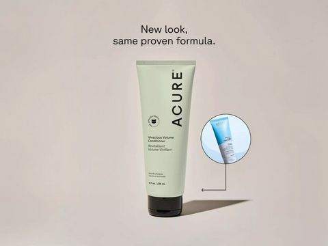 Acure product tube with smaller inset image on a beige background