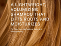 Text about a volumizing shampoo for thin hair with brown hair background