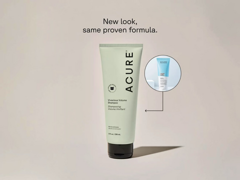 Acure shampoo bottle with a smaller inset image on a beige background
