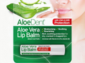 Aloe Dent Aloe Vera Lip Balm packaging with a close-up of lips using the product.