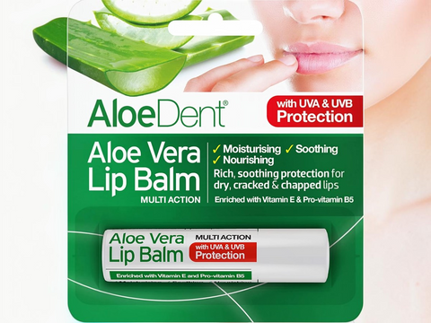 Aloe Dent Aloe Vera Lip Balm packaging with a close-up of lips using the product.
