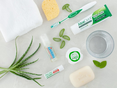Collection of aloe vera products including toothpaste, lip balm, and cream on a light background.
