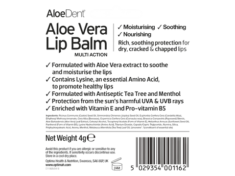 Aloe Vera lip balm packaging with product details on a white background