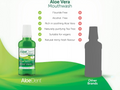 Aloe Vera mouthwash bottle with product features listed on a green and white background