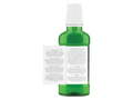 Green bottle with a white label on a white background