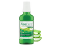 Green bottle of AloeDent Aloe Vera Mouthwash with aloe vera slices on a white background