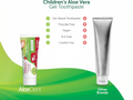 Children's Aloe Vera Gel Toothpaste with AloeDent branding on a green and white background