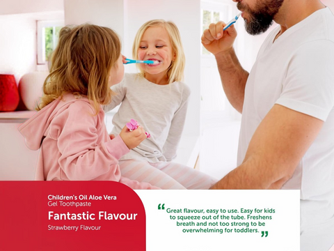 Two children brushing their teeth with a man, featuring text about children's toothpaste.