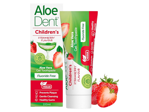 Aloe Dent children's strawberry-flavored aloe vera gel toothpaste on a white background