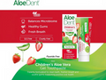 Aloe Dent children's aloe vera gel toothpaste packaging with product details on a red and green background.