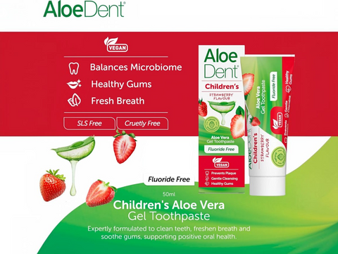 Aloe Dent children's aloe vera gel toothpaste packaging with product details on a red and green background.
