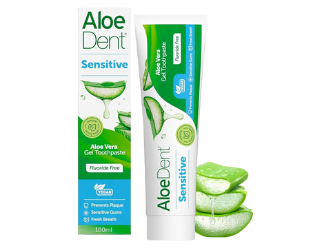 Aloe Dent Sensitive toothpaste packaging on a white background