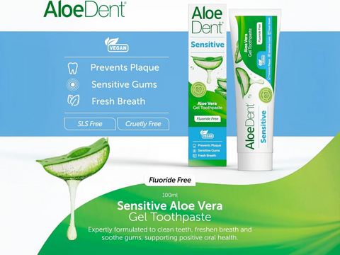 Aloe Dent Sensitive Aloe Vera Gel Toothpaste packaging with product and branding details.