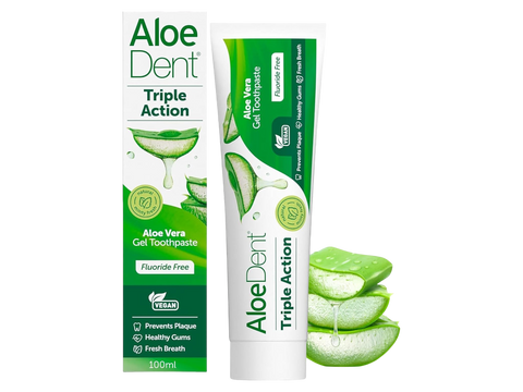 Front Image: Aloe Dent triple action aloe vera toothpaste fluoride free vegetarian 100ml tube & box