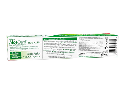 Back Image: Aloe Dent triple action aloe vera toothpaste fluoride free vegetarian 100ml box barcode