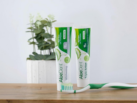 AloeDent toothpaste and toothbrush on a wooden surface with a plant in the background