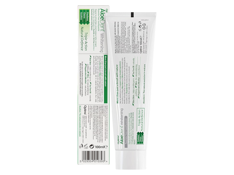 Aloe vera whitening toothpaste packaging on a white background