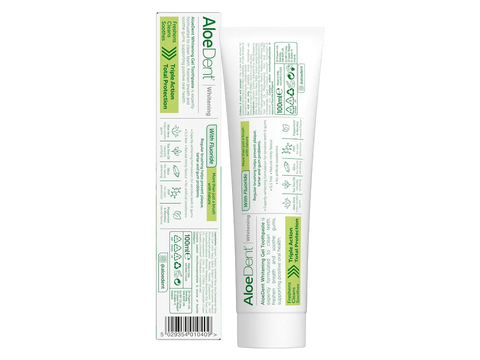 AloeDent toothpaste tube with label on a white background