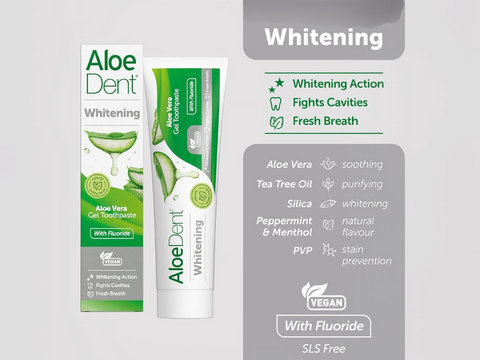 Aloe Dent Whitening toothpaste packaging with product details on a gray background