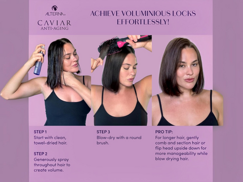 Hair care product advertisement with steps for achieving voluminous locks on a purple background.