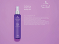 Purple bottle of Alterna Caviar Anti-Aging Multiplying Volume Styling Mist on a purple background with ingredient list.