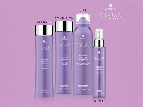 Set of Alterna Caviar hair care products on a purple background