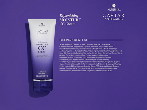 CC cream tube with ingredient list on a purple background
