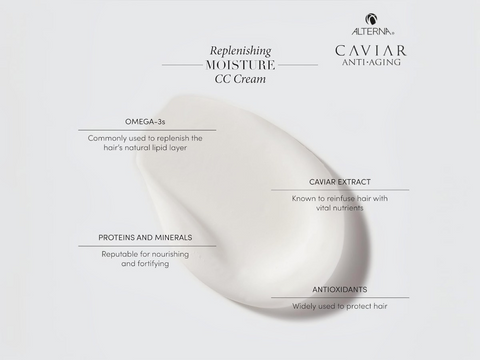 CC cream with ingredients listed on a white background, featuring Alterna Caviar Anti-Aging branding.