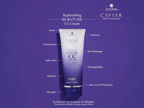 Alterna Caviar Anti-Aging Replenishing Moisture CC Cream tube on a purple background
