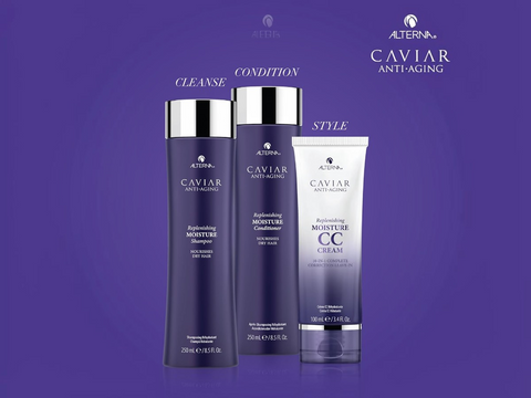 Alterna Caviar Anti-Aging skincare products on a purple background