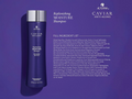 Alterna Caviar Anti-Aging Replenishing Moisture Shampoo bottle on a purple background with ingredient list.