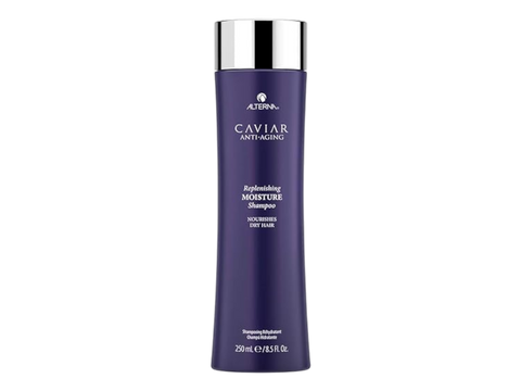 Purple shampoo bottle with silver cap on a white background