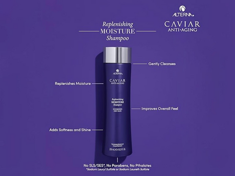 Alternova Caviar Anti-Aging Replenishing Moisture Shampoo bottle on a purple background with product features listed.