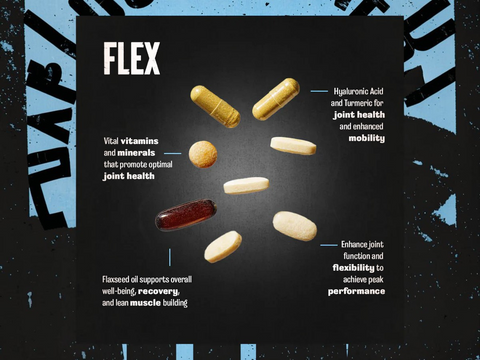 Vitamins and minerals with 'FLEX' branding on a black background