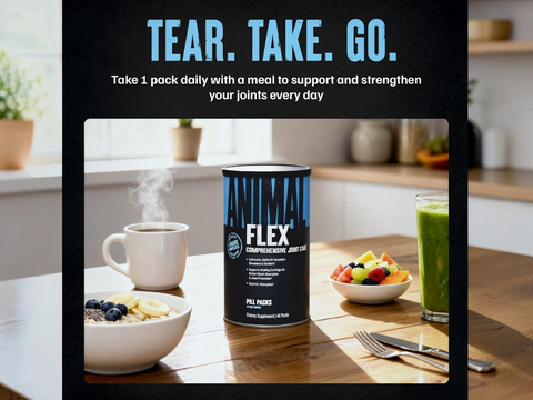 Can of Flex on a kitchen counter with breakfast items and promotional text.