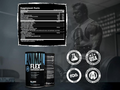 Supplement container labeled 'Flex' with supplement facts and certification logos on a blurred gym background.