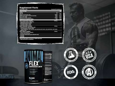 Supplement container labeled 'Flex' with supplement facts and certification logos on a blurred gym background.