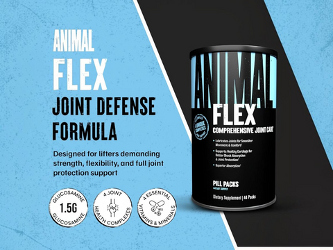 Black supplement can labeled 'Animal Flex' on a blue and black background