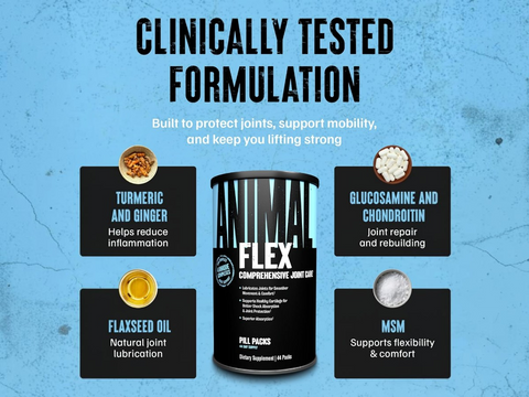 Flex supplement container with ingredients listed on a blue background
