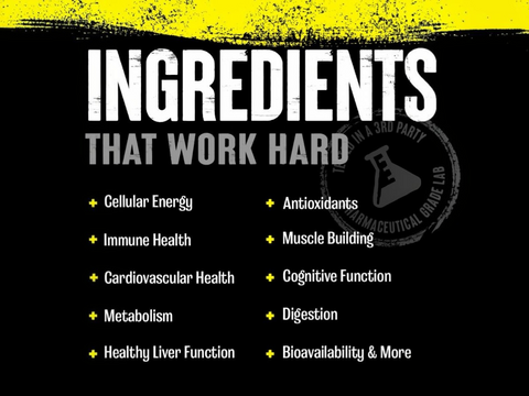 List of health benefits with a focus on ingredients on a black and yellow background