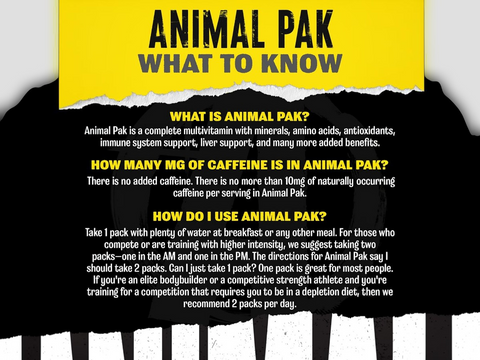 Informational text about Animal Pak on a black and yellow background