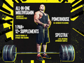 Advertisement for a multivitamin supplement with a muscular man and barbell on a black and yellow background.