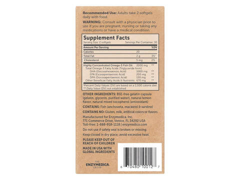 Aqua Biome by Enzymedica Maximum Strength Omega 3 Fish Oil 60 softgels front view box barcode