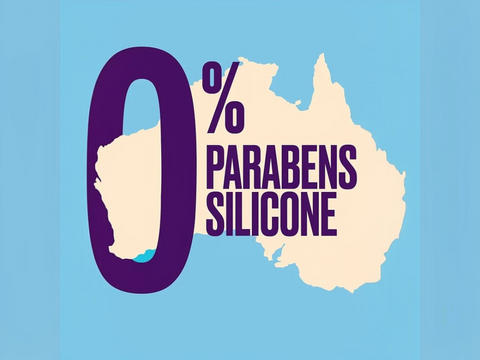 Map of Australia with '0% Parabens Silicone' text on a blue background