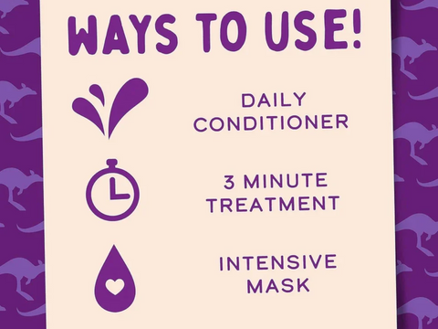 Instructions on how to use daily conditioner, 3-minute treatment, and intensive mask with purple and beige design.