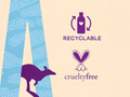 Recyclable and cruelty-free logos with a kangaroo silhouette on a beige and blue background