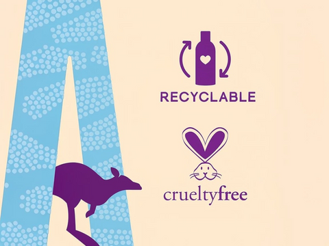 Recyclable and cruelty-free logos with a kangaroo silhouette on a beige and blue background