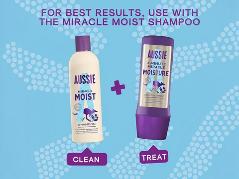Two Aussie Miracle Moist hair care products on a blue background with text about usage.