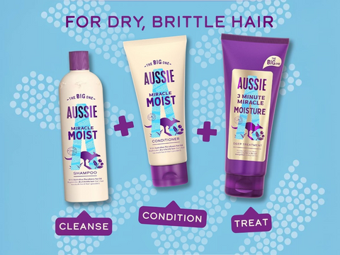 Aussie hair care products for dry, brittle hair on a blue background with text indicating usage steps.